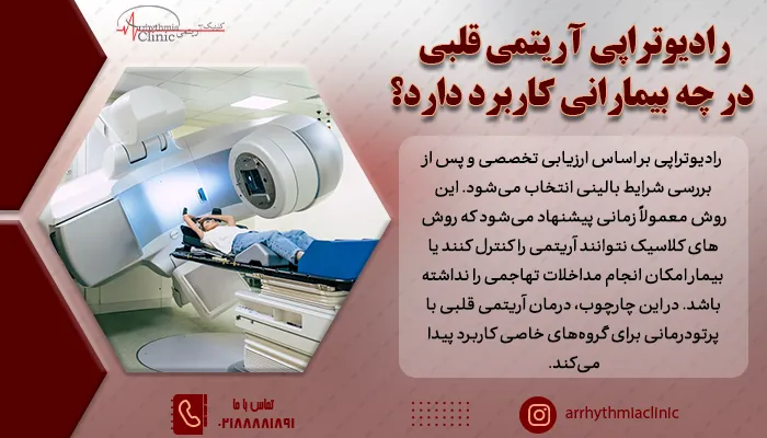 درمان آریتمی قلبی با پرتودرمانی برای گروه‌های خاصی همچون بیماران مقاوم به ابلیشن، بیماران با آریتمی‌های بطنی شدید و افرادی که جراحی یا بیهوشی برایشان خطرناک است کاربرد پیدا می‌کند.