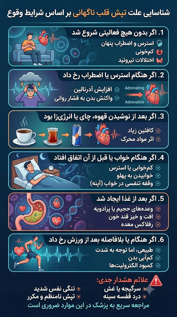 اینفوگرافیک علت تپش قلب ناگهانی را از روی شرایط وقوع آن